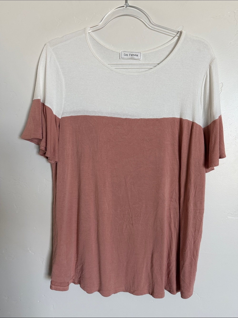Ces Femme Two-Tone Short Sleeve Top - White and Dusty Rose